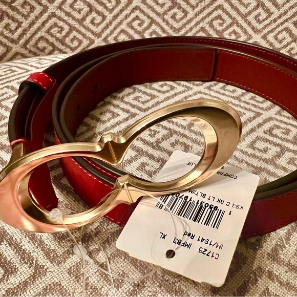 NEW COACH Signature Gold Buckle Red Leather Belt. Sz XL. Adjustable. MSRP $128. - Picture 2 of 7